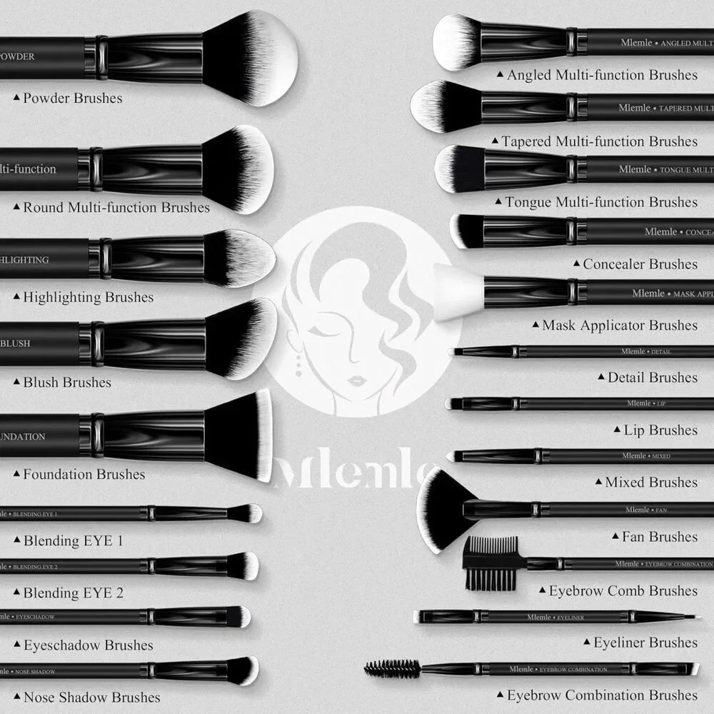 Mlemle 26 Pcs A01-Black Makeup Brushes Set And 2 Powder Puff 3 Makeup Sponge